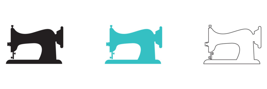 Sewing Machine Icon Set Collection. Clean vector illustration of sewing machine icons in solid, colored, and outline styles, representing tailoring, handmade crafts, and textile production concepts.

