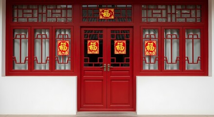 Traditional Chinese Red Door with Lunar New Year Couplets in Symmetrical View