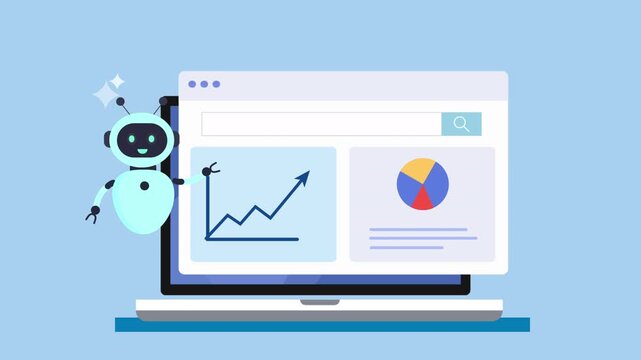 Flat illustration of a laptop showing data analytics dashboards with charts and graphs, accompanied by a digital assistant, representing business insights, reporting, and data driven workflow.
