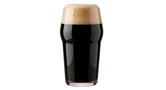 Classic dark stout beer in a pint glass with a thick creamy foam head isolated on white background. 