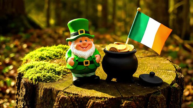 Charming leprechaun figurine guarding a pot of gold coins next to a vibrant waving Irish flag decoration outdoors