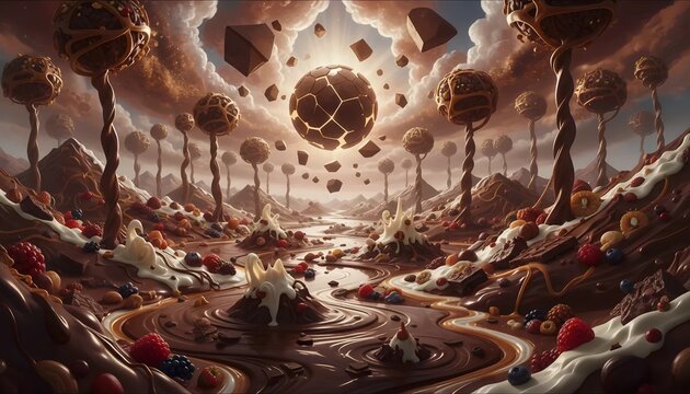 Surreal dessert landscape with chocolate confections and fruit, floating in a fantastical environment, viewed from a high vantage point