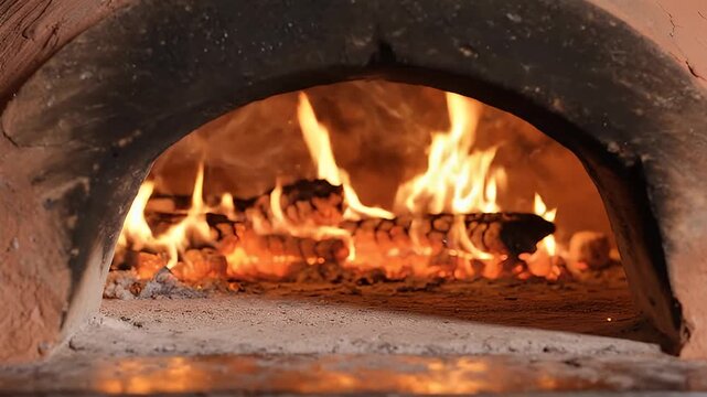 Inside a brick oven, flames dance over burning logs, ember glow