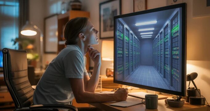 Focused IT professional analyzing server room data on computer screen