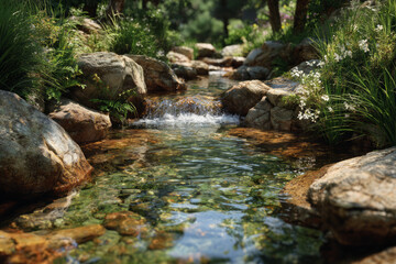 Serene forest stream with clear water flowing over rocks and lush green vegetation