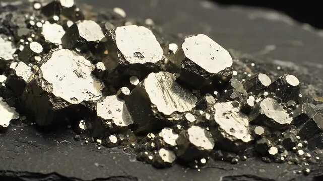A close-up of a metallic mineral with cubic crystalline structures
