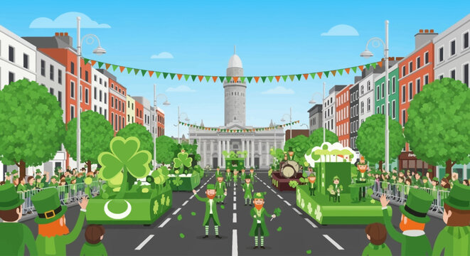 This flat design illustration depicts a lively St. Patrick's Day parade on O'Connell Street in Dublin, capturing the city's festive spirit with iconic landmarks. 