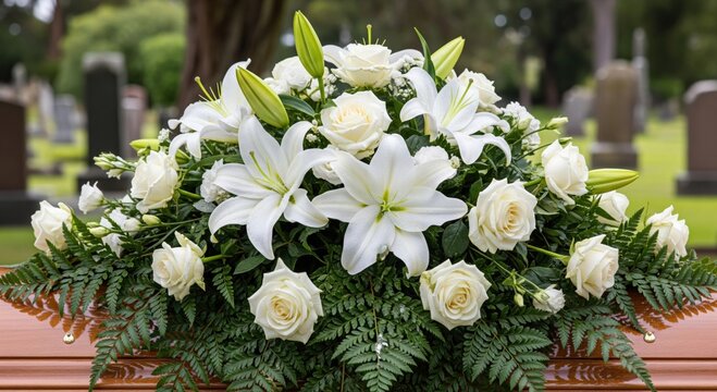 Funeral floral tribute covering casket with white lilies and roses, peaceful farewell atmosphere, symbol of love and remembrance, serene cemetery setting with soft sunlight and gentle focus