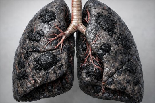 Lung anthracosis medical 3D render showing coal dust accumulation with dark mottled tissue and vascular constriction, chronic respiratory pathology visualization for occupational health research