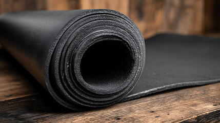 Rolled black textured material on a rustic wooden background