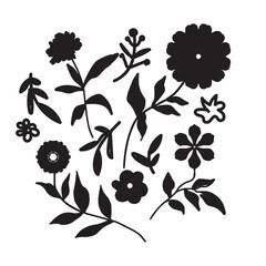 Silhouette Set of Wildflowers and Leaves Hand Drawn Botanical Collection.