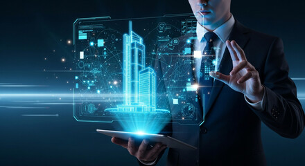 Businessman presents smart city architecture hologram with digital data integration