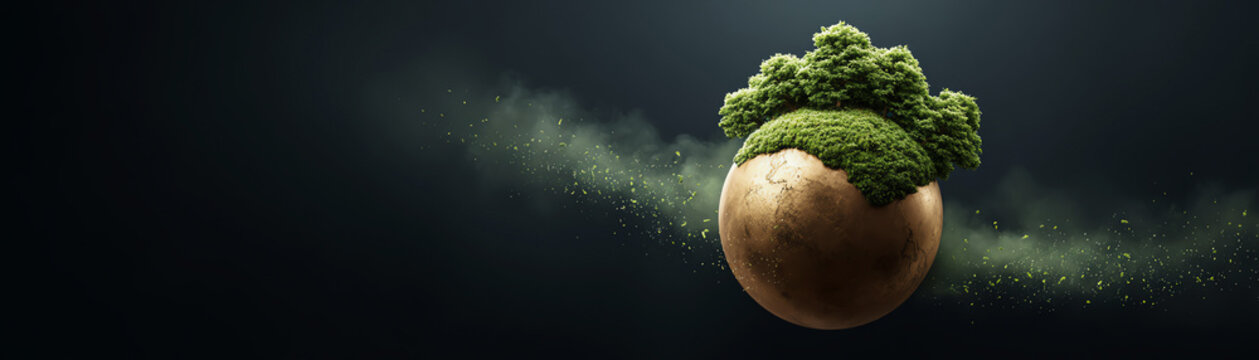 Magical world, floating planet seed covered in moss and forest. wondrous fantasy concept of new life, growth and beginning