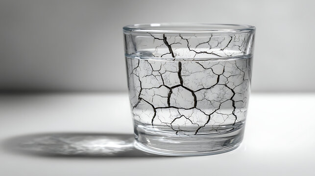 Cracked glass of water, symbolizing drought and scarcity