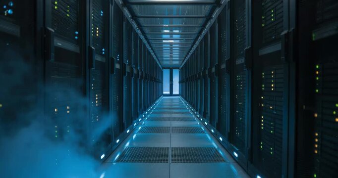 Modern data center with glowing blue servers and fog effect