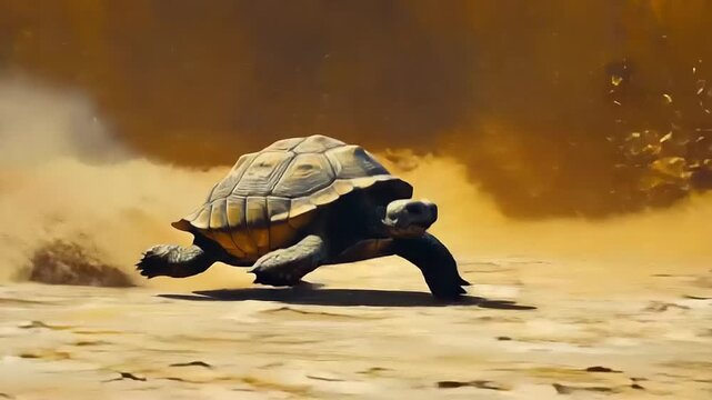 Desert Tortoise Walking Through Sand Creating Dust Clouds.