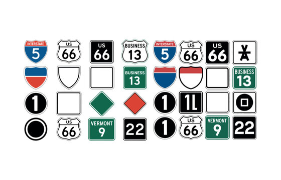 Assorted US road signs including interstate and business routes traffic sign highway sign