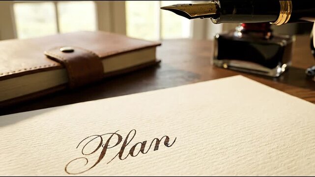 Thoughtful writing of future success plan in elegant calligraphy on paper. fountain pen with rich ink on desk for business strategy goals