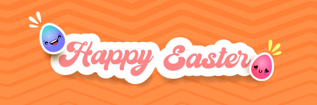 Happy Easter Bright orange horizontal header with text and friendly egg mascot character. Trendy seasonal banner for website backgrounds, social media promotions, and retail shop advertisements.