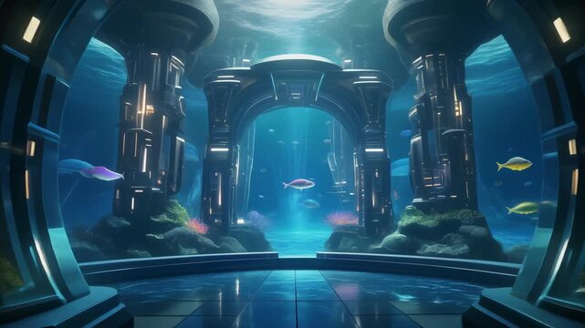 Futuristic underwater tunnel with glass walls revealing marine life and deep sea architecture in a sci-fi observatory corridor