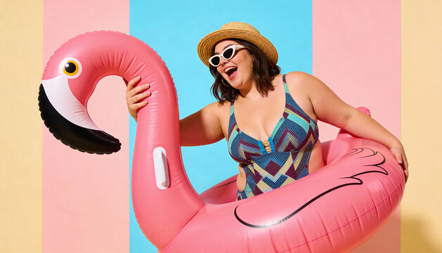 Beautiful plus size woman in swimsuit and hat with inflatable flamingo on colorful background