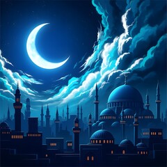 A serene nighttime cityscape with a crescent moon shining brightly in the sky
