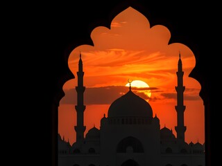 A serene mosque silhouette at sunset with a vibrant orange sky