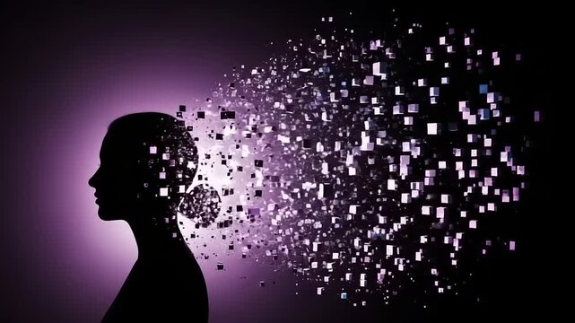 Silhouette of a womans head dissolving into digital particles.