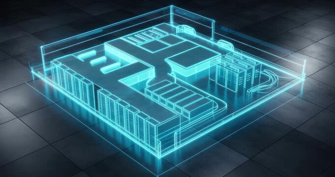 Modern office space blueprint with neon blue outlines and dark background