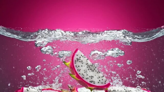 Vibrant dragon fruit slice dramatically splashing into clear water, generating refreshing bubbles against a vivid pink backdrop, capturing exotic freshness and tropical vitality