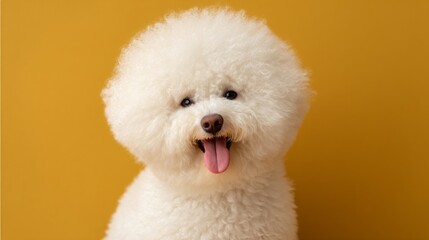 Obraz premium A cheerful fluffy dog smiles with its tongue out, sporting a vintage wig. The playful atmosphere is complemented by a warm yellow background, creating a delightful scene that radiates joy