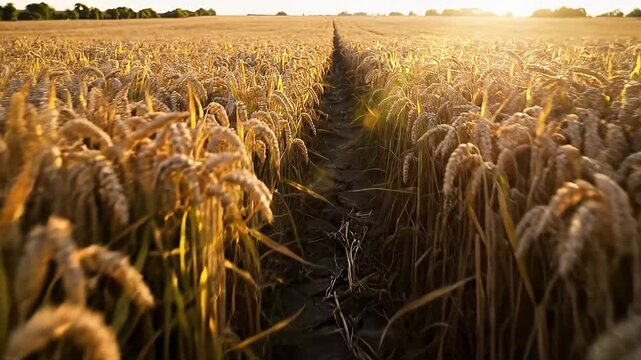 Golden wheat field path stretches into the distance, backlit by sun