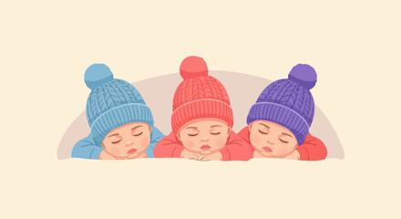 Three babies in colorful knitted hats sleeping peacefully