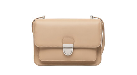 A stylish beige leather crossbody bag with a flap closure and silver hardware