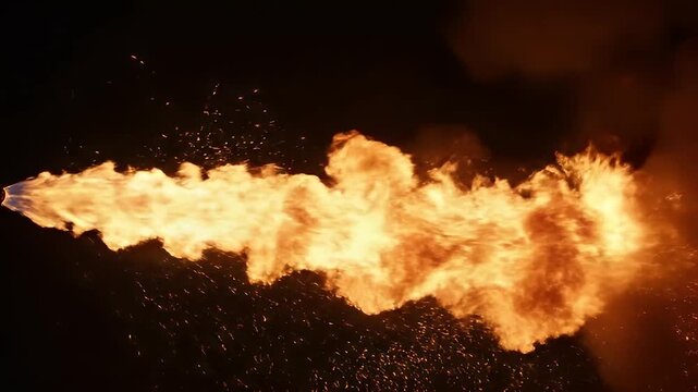 Fiery jet of flame spews forth against a black, smoky background