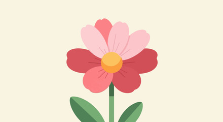 Stylized cartoon flower with red, pink petals, yellow center, green stem, leaves