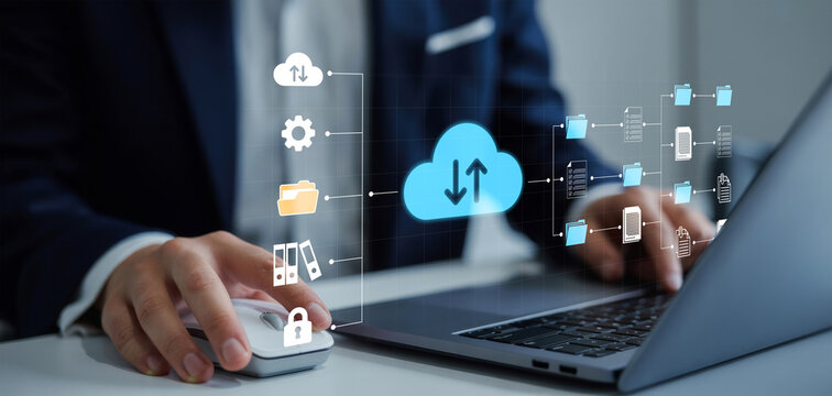 Exchange information and data with internet cloud technology.FTP(File Transfer Protocol) files receiver and computer backup copy. File sharing isometric. Digital system for transferring documents.