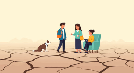 Fototapeta premium Stylized characters and dog interact in a barren, cracked landscape under a hazy sky
