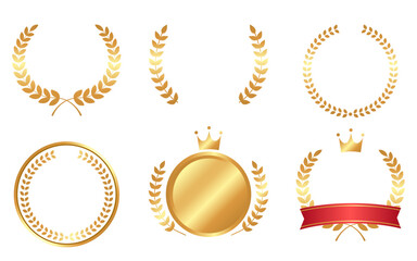 金色の月桂冠とクラウンの高級感あるデザインセット / Gold Laurel Wreath and Crown Award Vector Set