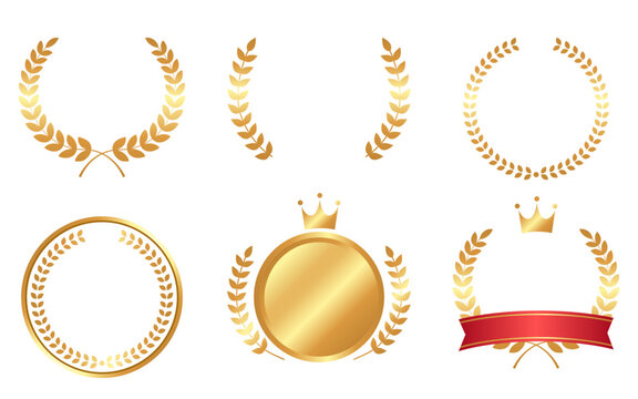 金色の月桂冠とクラウンの高級感あるデザインセット / Gold Laurel Wreath and Crown Award Vector Set