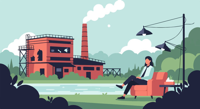 Person relaxes in chair by industrial building with smoking chimney