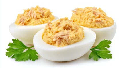 Boiled eggs are halved and filled with a creamy mixture of crab meat, creating a tempting dish perfect for a light meal or appetizer. The vibrant, fresh presentation invites enjoyment
