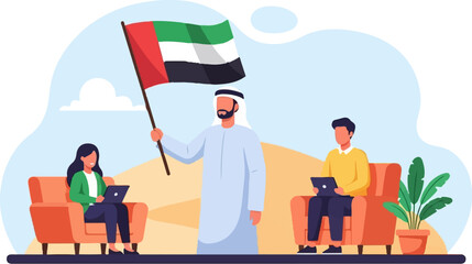 Naklejka premium People working on laptops with flag of United Arab Emirates