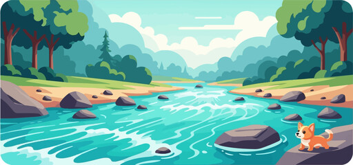 Small dog on rocky shore next to a flowing river with trees and hills