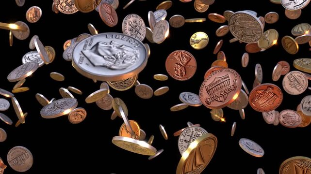 US Dollar Coins Falling on Black Background, American Currency, Finance Concept