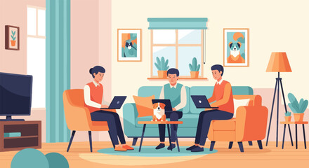 Three people and a dog work on laptops in a cozy living room