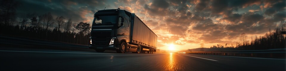 Black semi truck driving highway at dramatic sunset