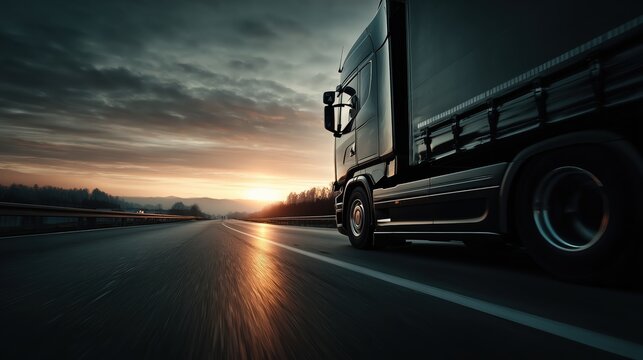 Truck driving on highway at dramatic sunset sky
