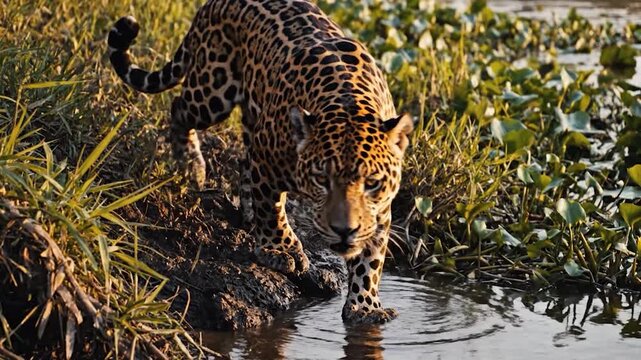A jaguar with spotted coat, walking in shallow water beside green foliage, in natural habitat