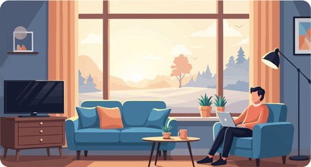 Obraz premium Person working on laptop in a cozy room with a large window view